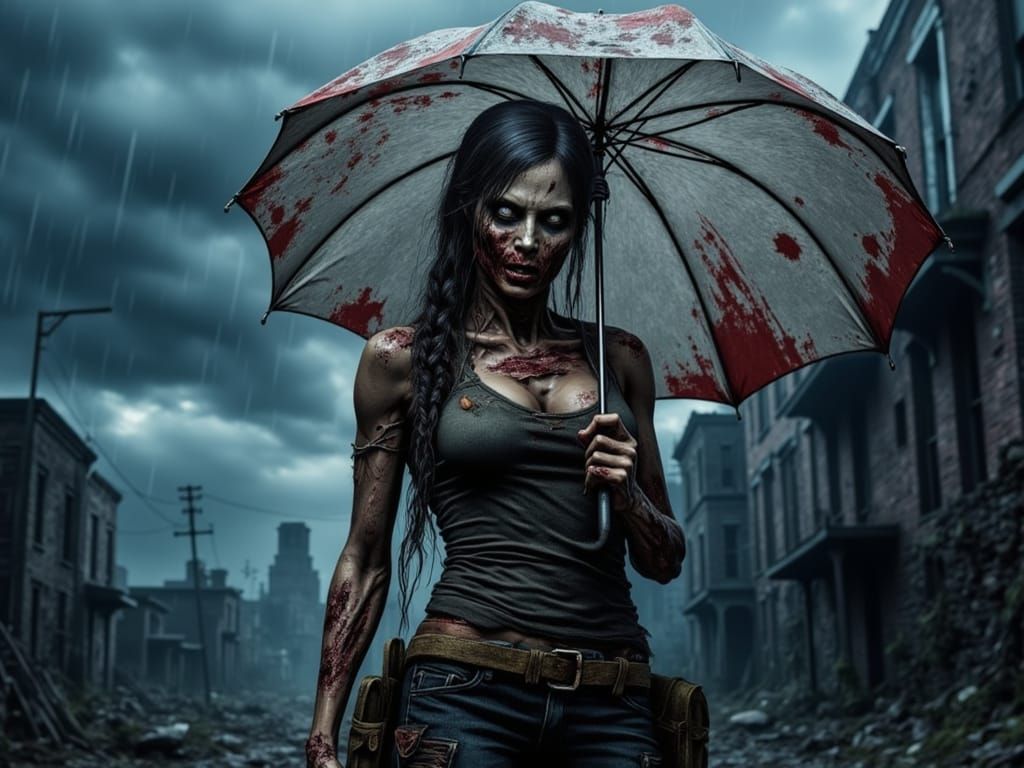 Zombie Lara Croft in Dystopian Rainswept Cityscape
