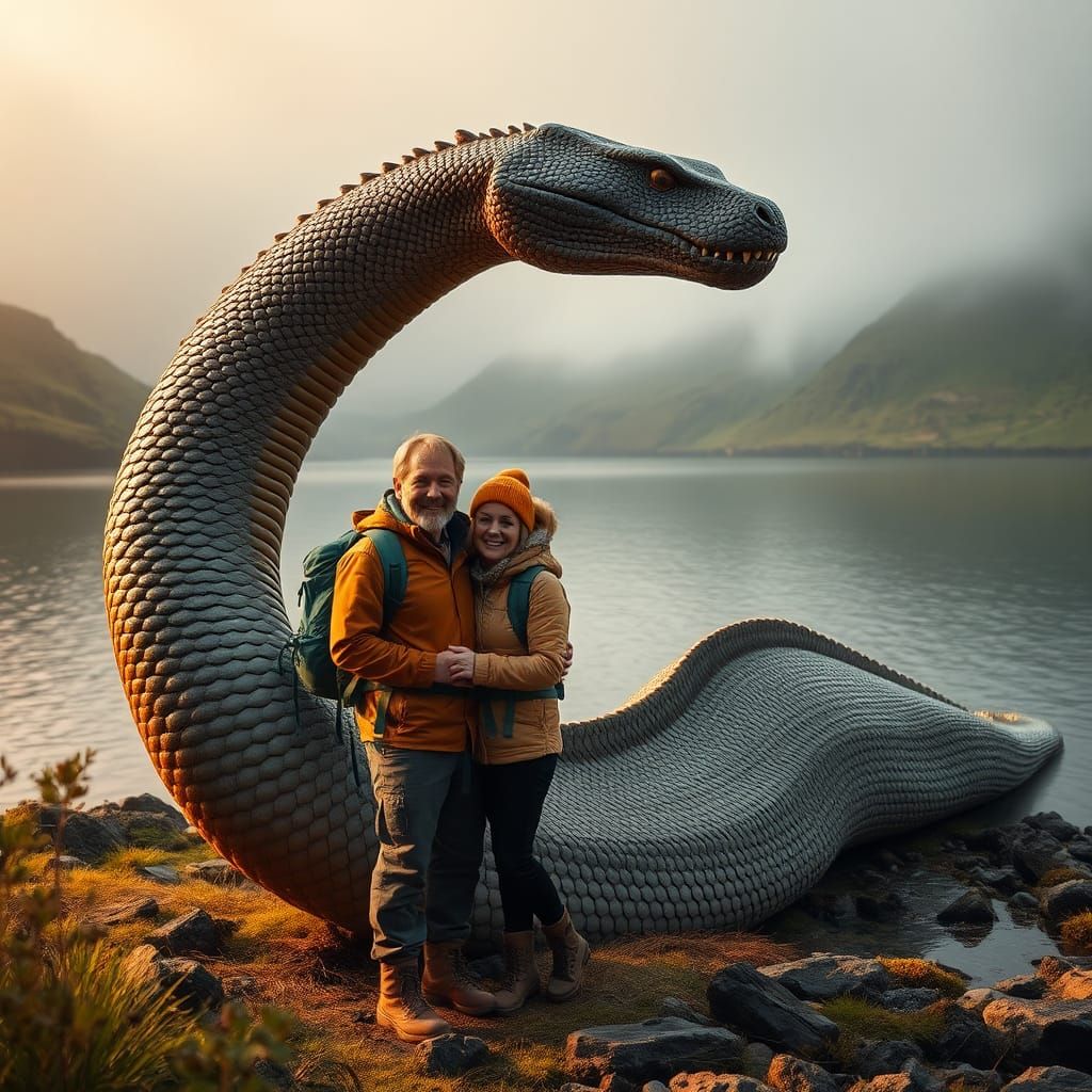 Nessie Poses with Tourists on Loch Ness Banks