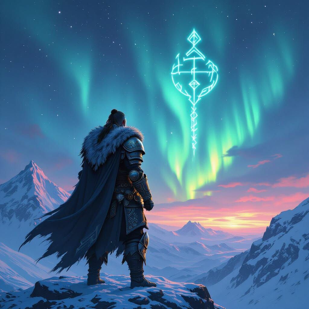 Nordic Warrior Amidst Aurora Borealis, Digital Art