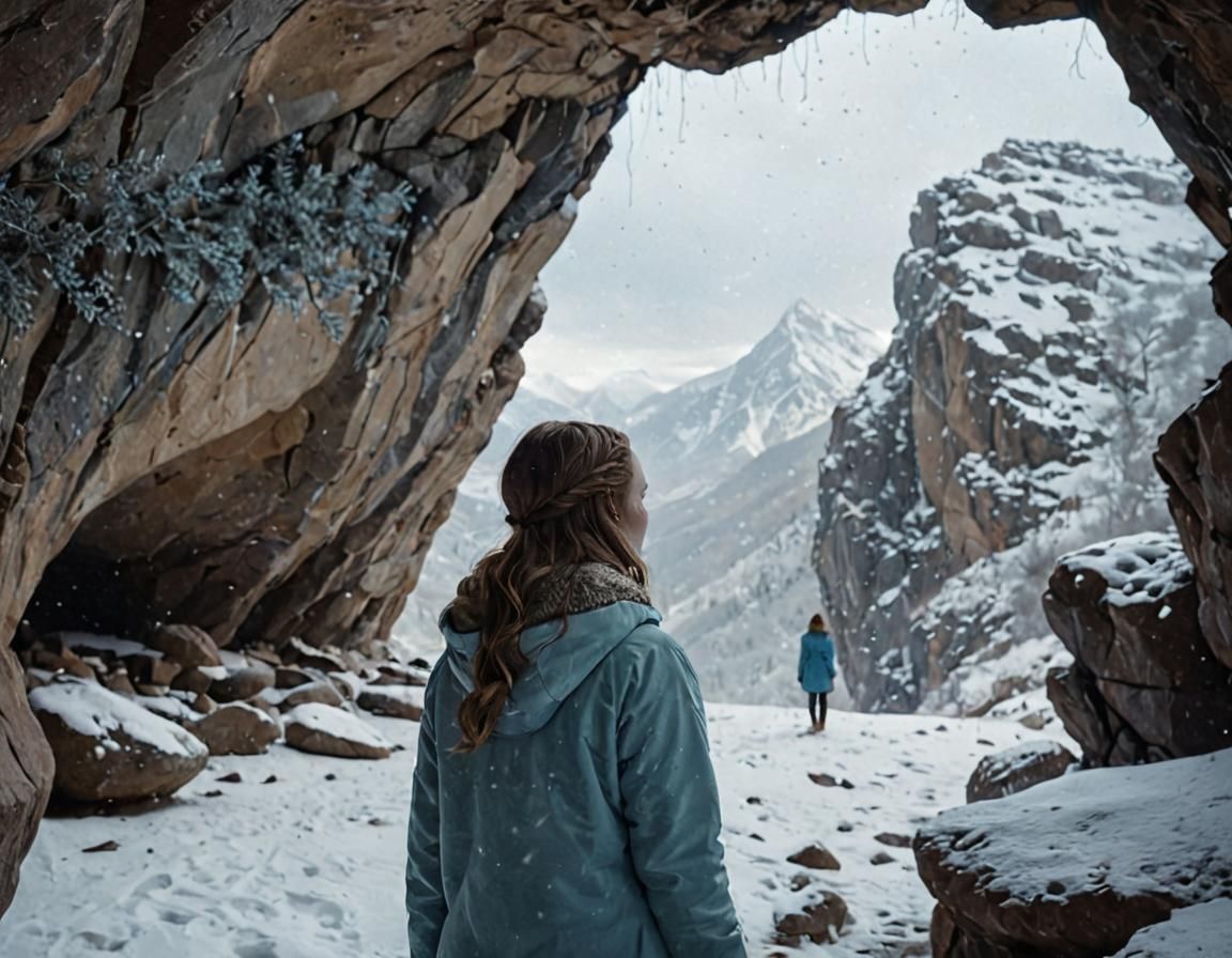 Girl Gazing at Snowy Mountain View with Light Leaks