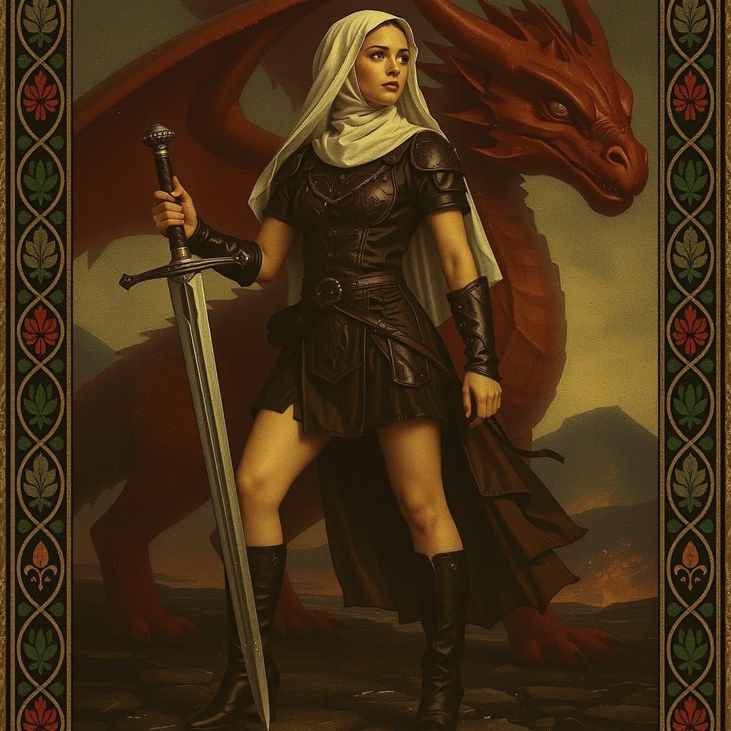 Dragon Rider in Volcanic Wasteland, Pre-Raphaelite Style