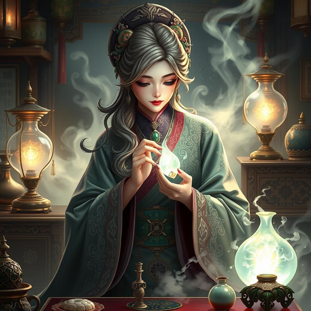 Elegant Alchemist Crafts Pill in Mystical Shrine