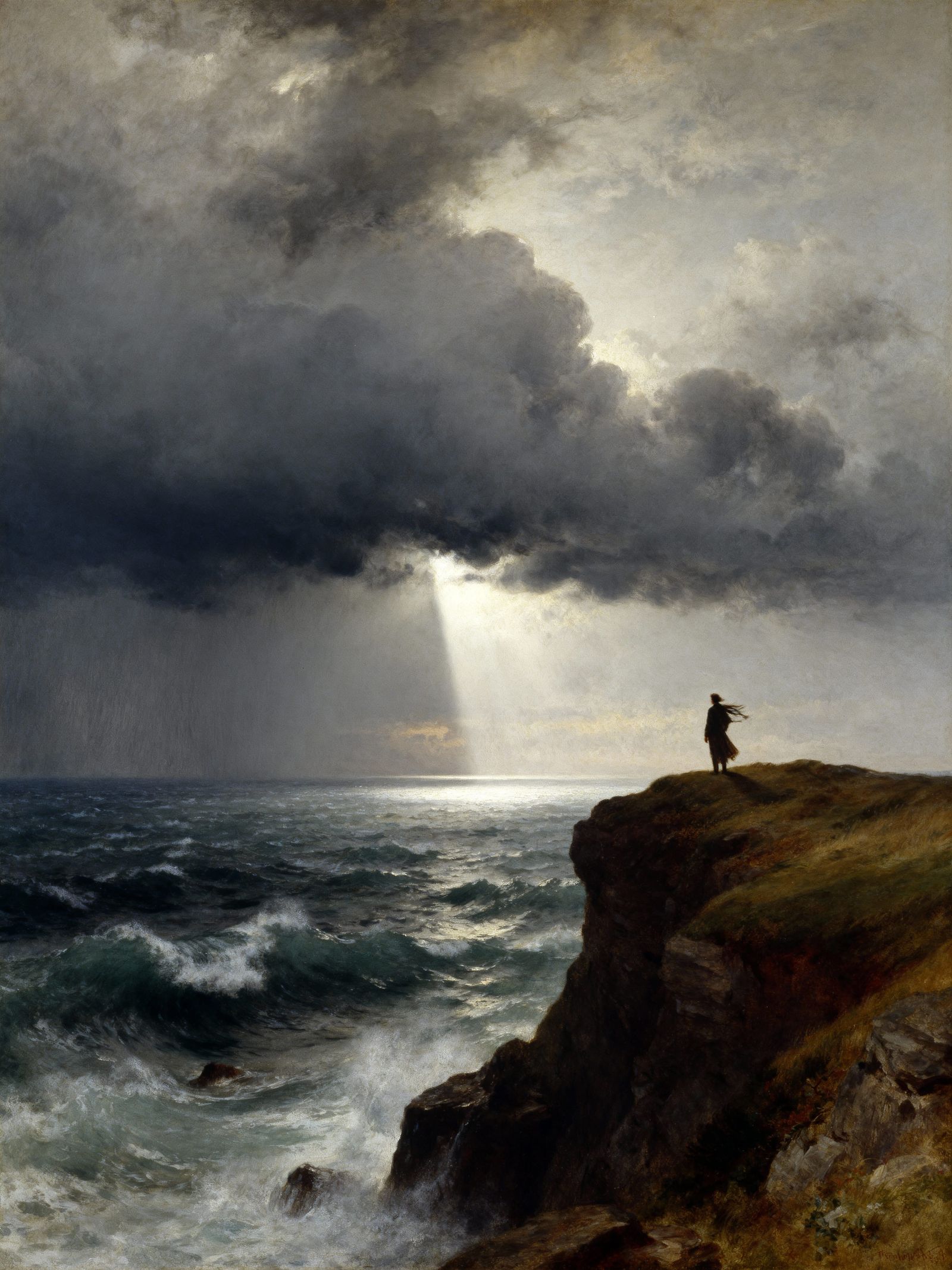 Romantic Landscape: Figure Gazes at Turbulent Ocean