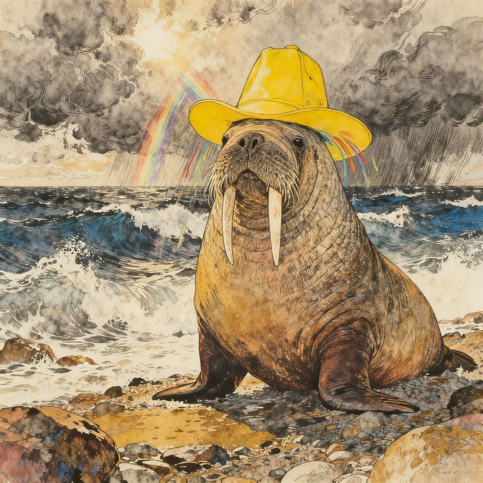 Colossal Walrus in Hat on Stormy Shore