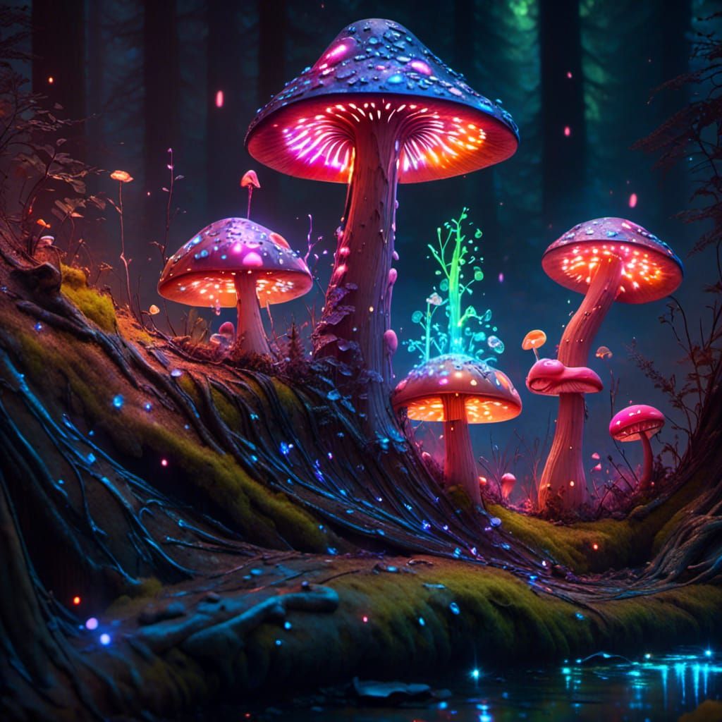 Crystal Mushroom in Enchanted Forest with Neon Log