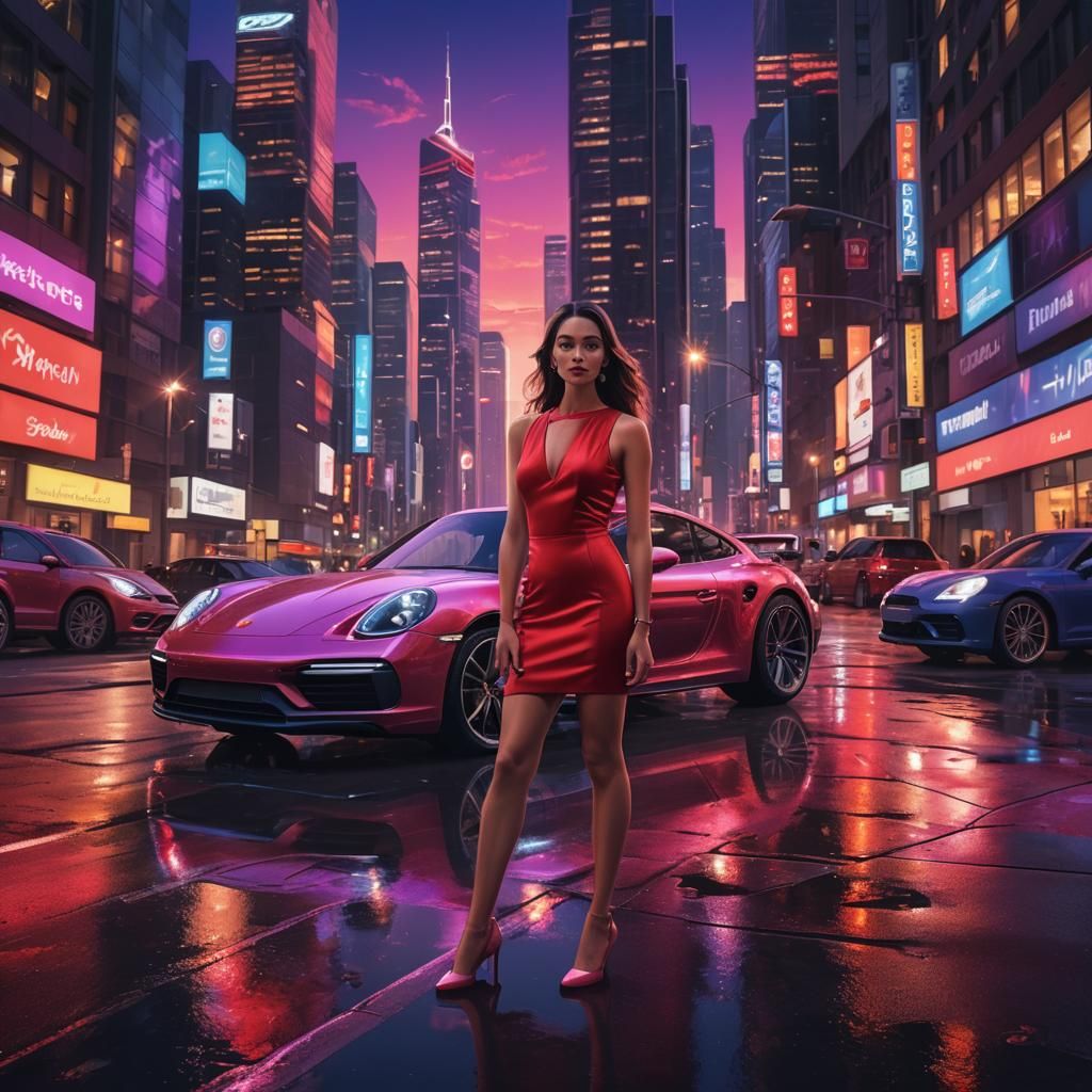 Porsche in Cyberpunk Cityscape at Night
