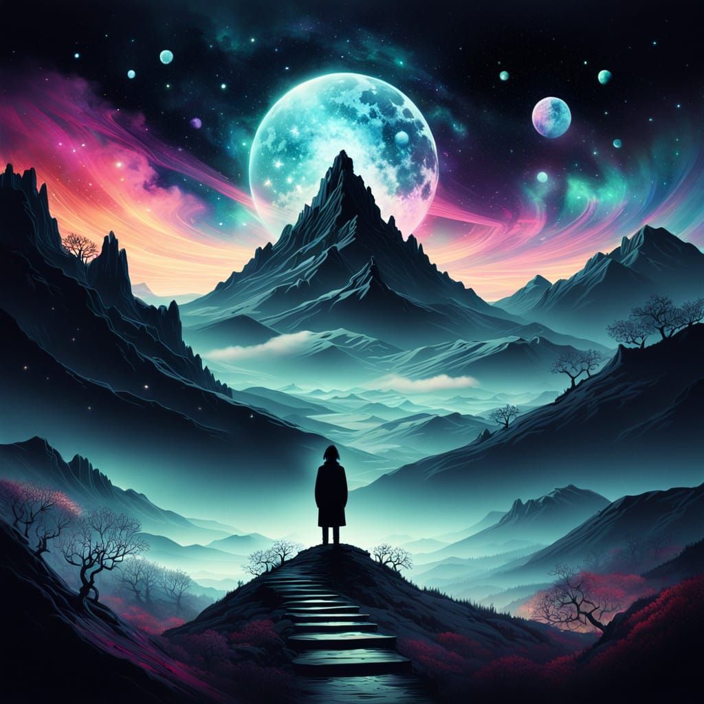 Cosmic Winter Silhouette: Mystical Figure in Glitch-Art Moun...