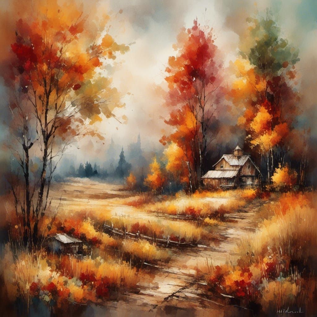 Rustic Fall Landscape in Acrylic Oil Watercolor