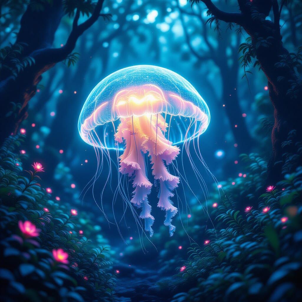 Bioluminescent Jellyfish in Alien Forest: Surreal Sci-Fi Art