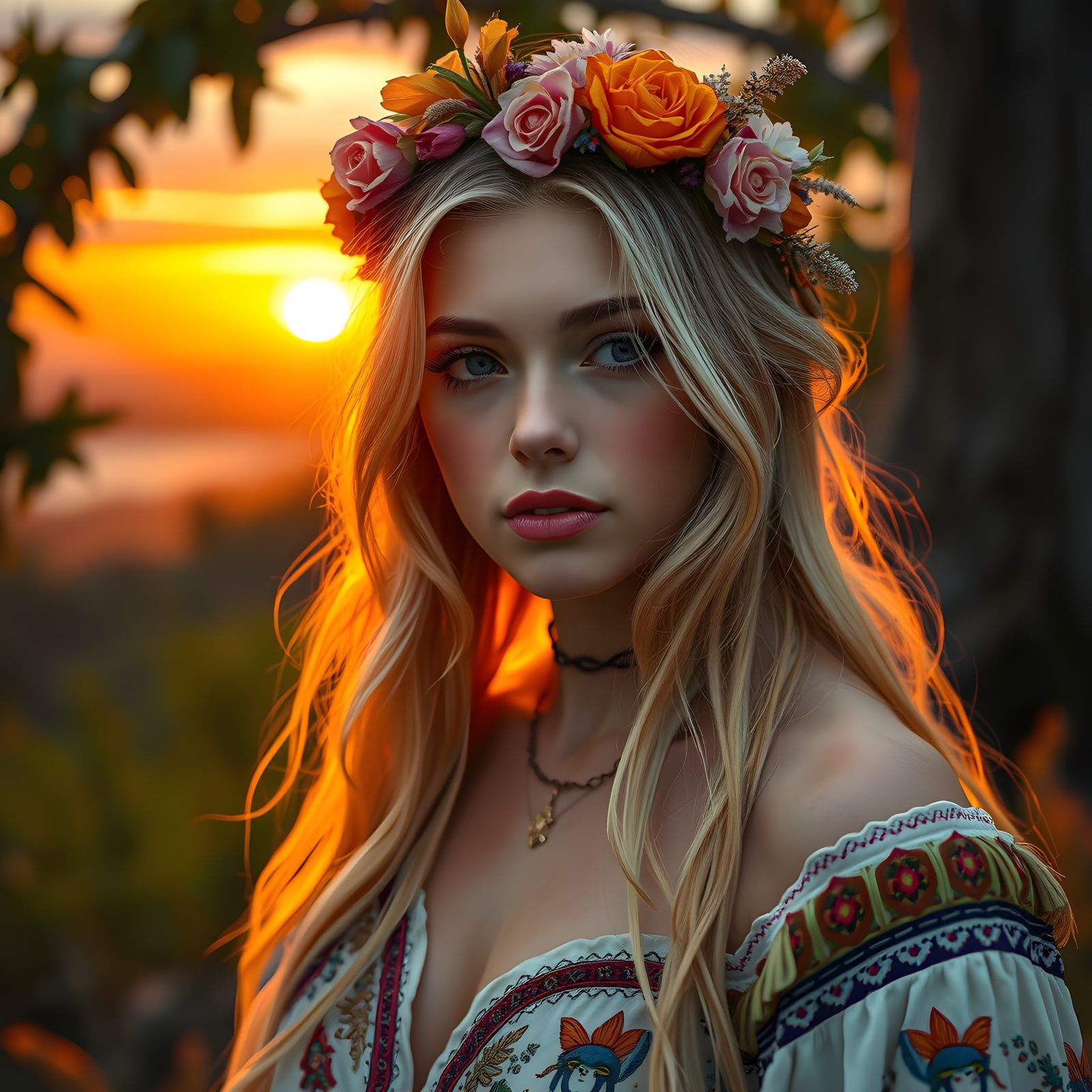 Pretty Blonde Woman Portrait with Flower Crown
