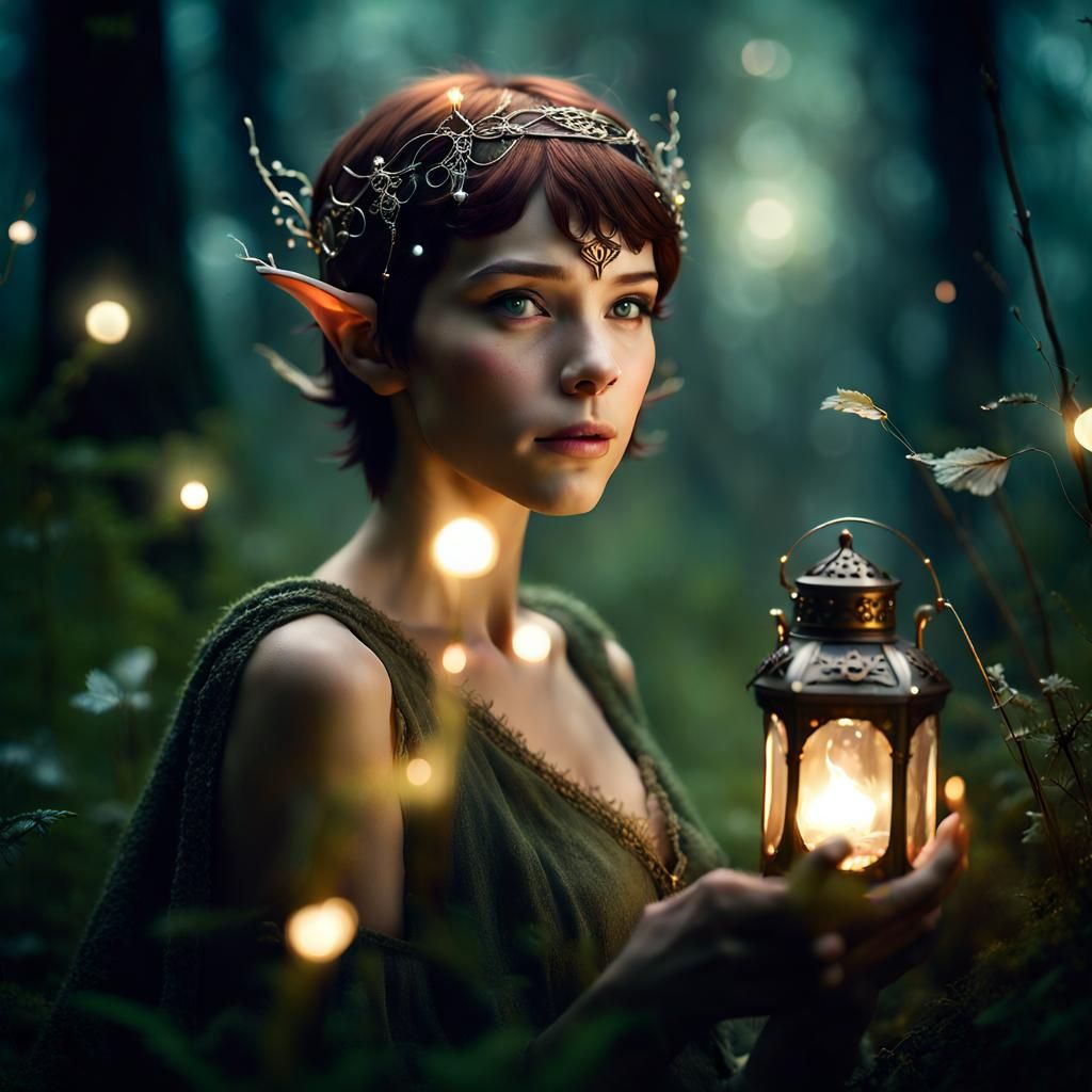 Elven Princess in Misty Forest with Lantern