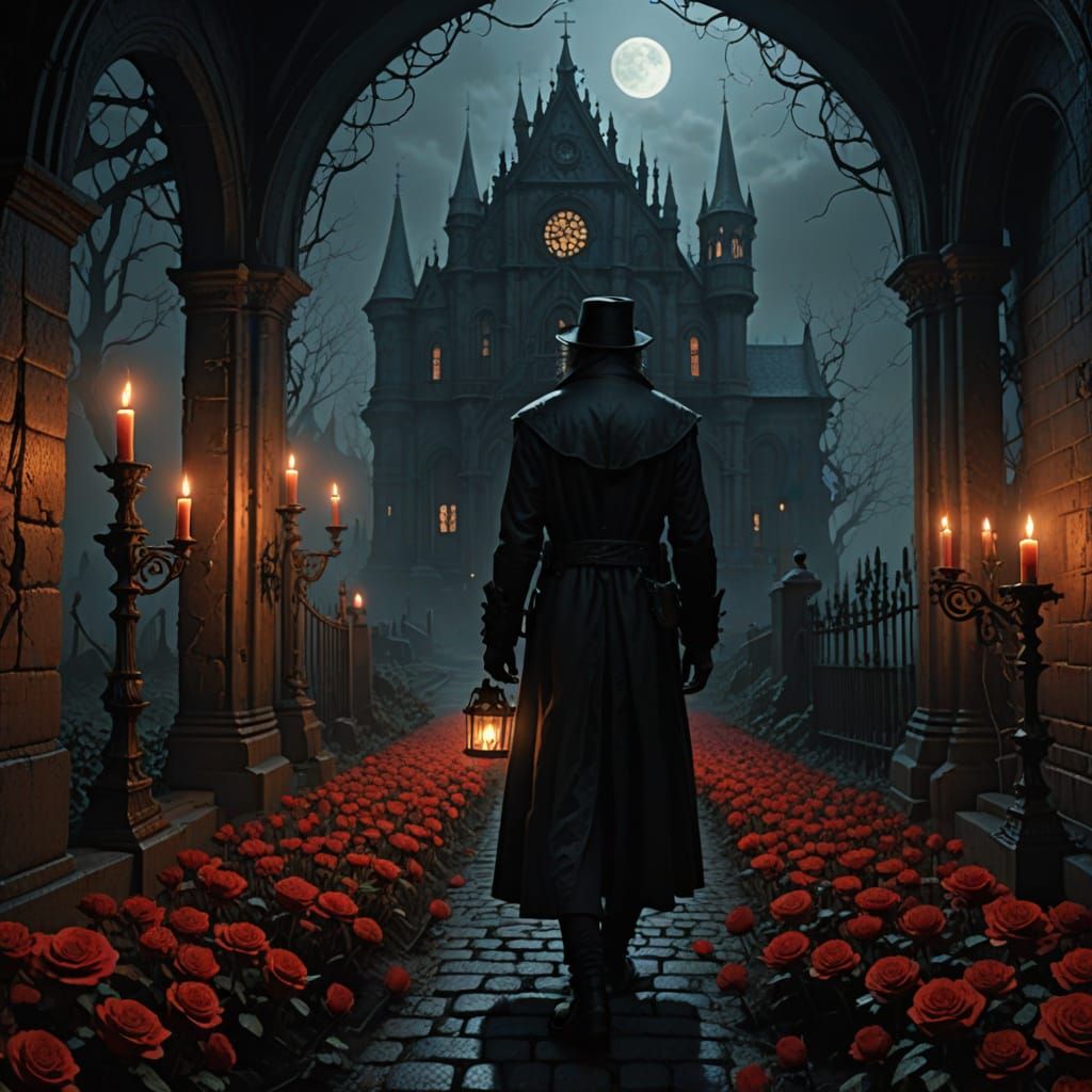 Gothic Victorian Garden Under Blood Moon in Cinematic Realis...