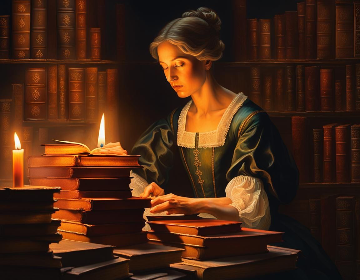 Woman Reading by Candlelight in Baroque Style
