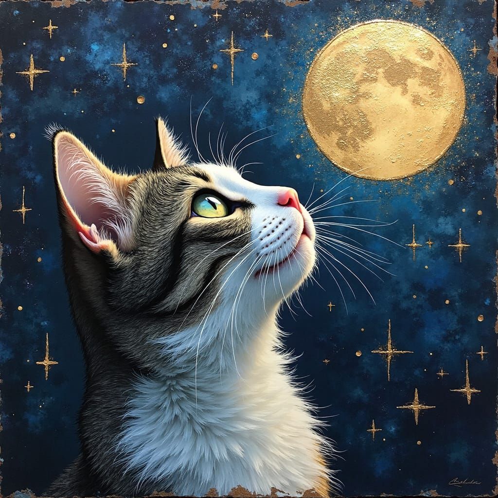 Surreal Cat Portrait with Iridescent Moon Collage