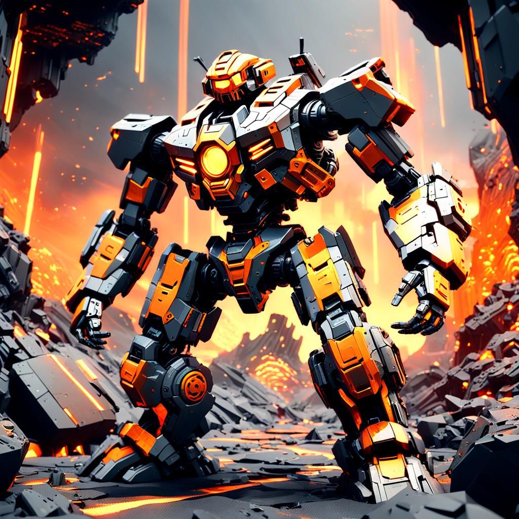 Cyberpunk Mech in Lava with Dynamic Lighting