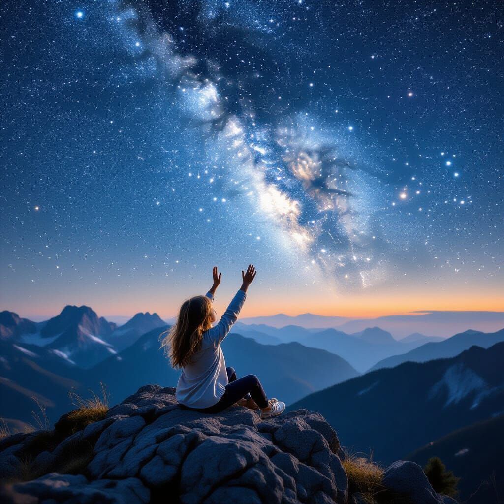 Girl Watching Milky Way from Mountain Top