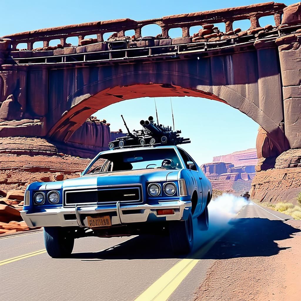 Post-Apocalyptic Car Jump in Ruined Landscape