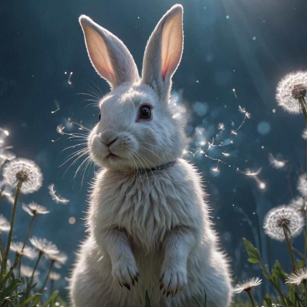 Fantasy Rabbit with Dandelion in Ethereal Lighting