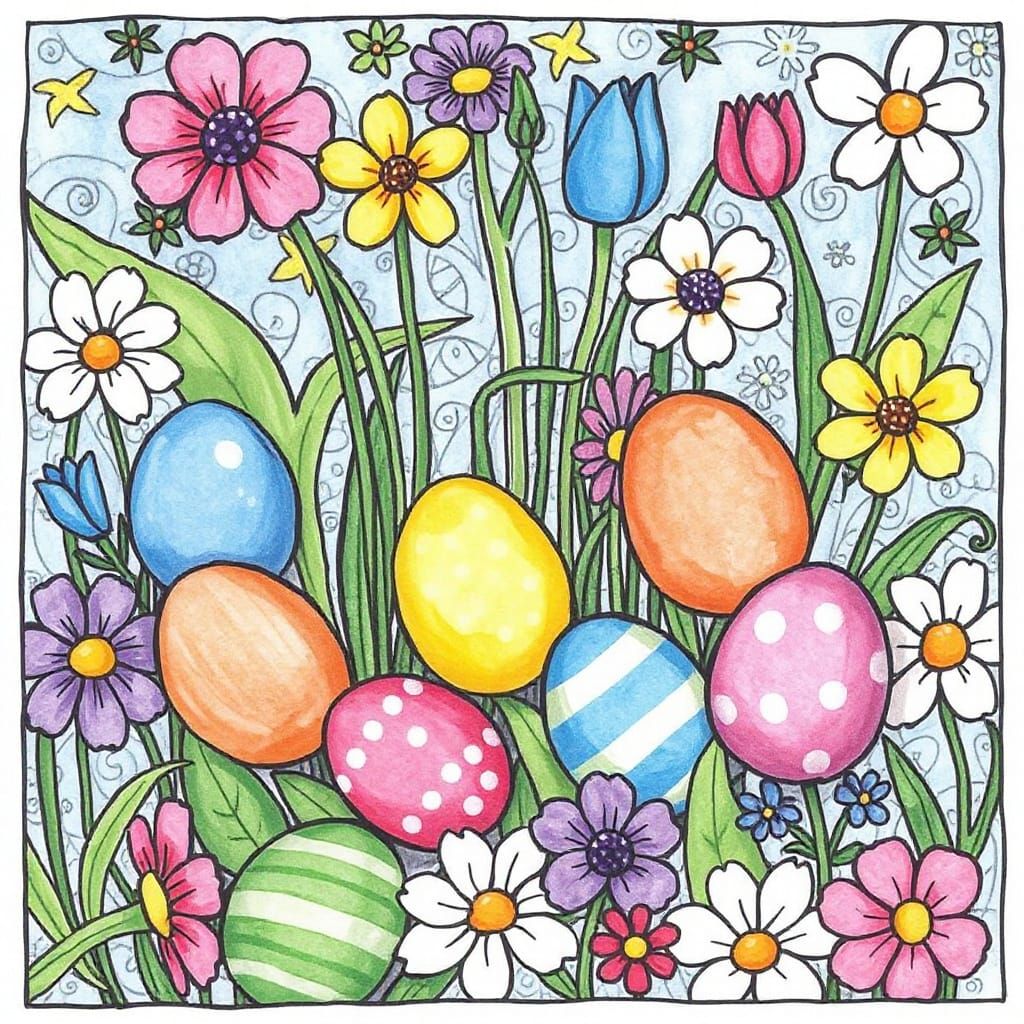 Pastel Easter Eggs Hidden in Whimsical Doodle Garden