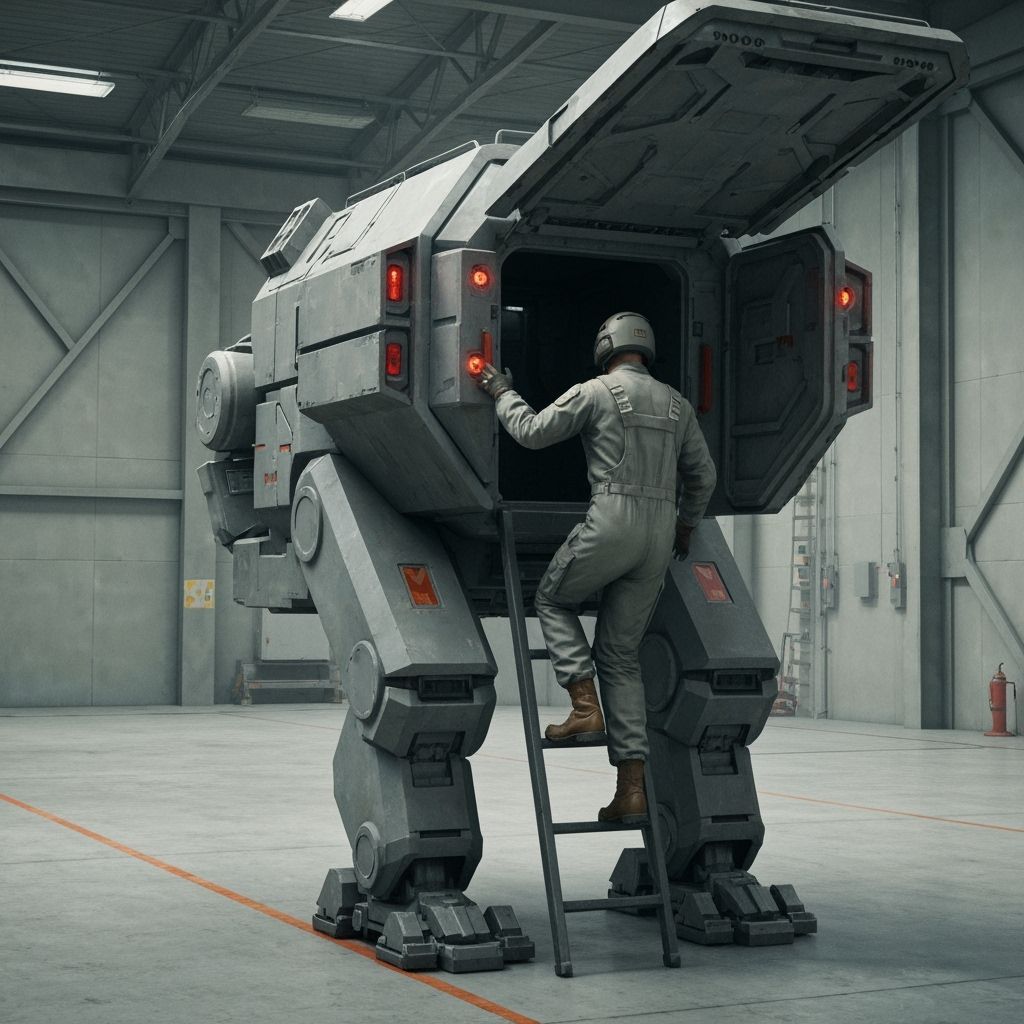 Futuristic Soldier Enters Exoskeleton in Hangar