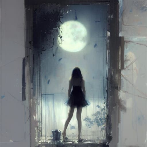 Girl Gazing at Moon as Detailed Matte Painting