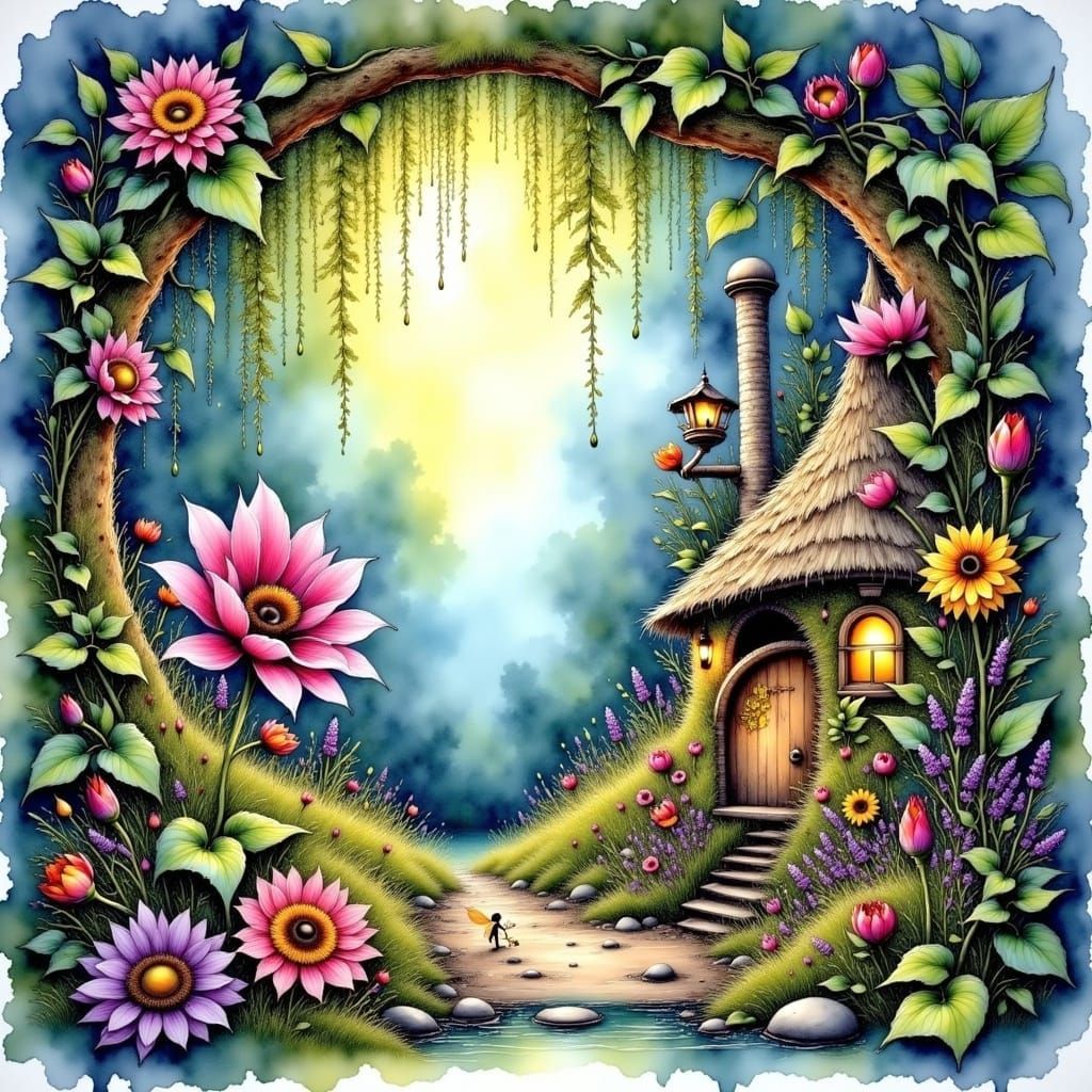 Whimsical Upside-Down Fairy Garden in Vibrant Watercolor