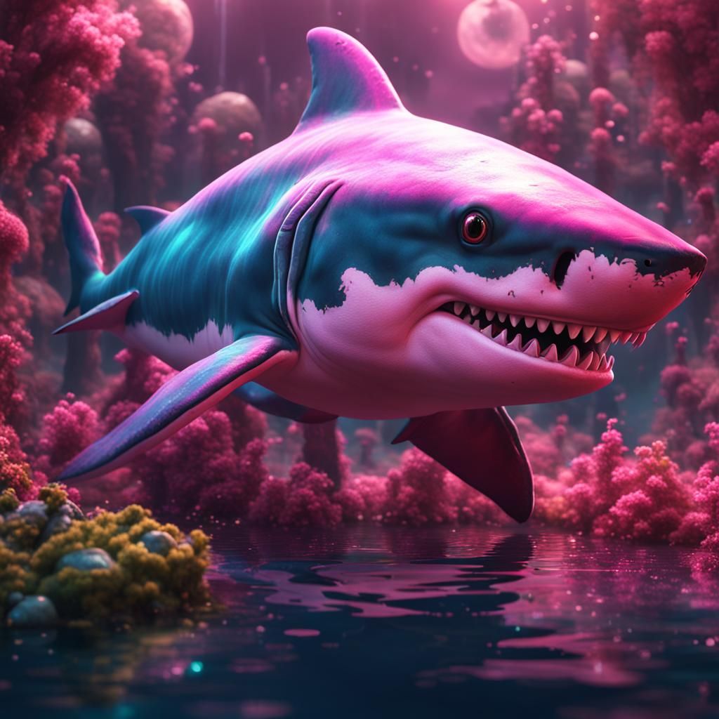 Enchanted Pink Shark in Vibrant Fantasy Realm