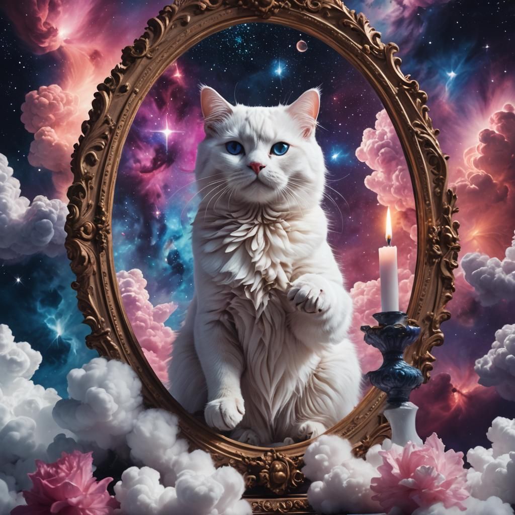 Cat Gazing into Cosmic Mirror in Fantasy Style