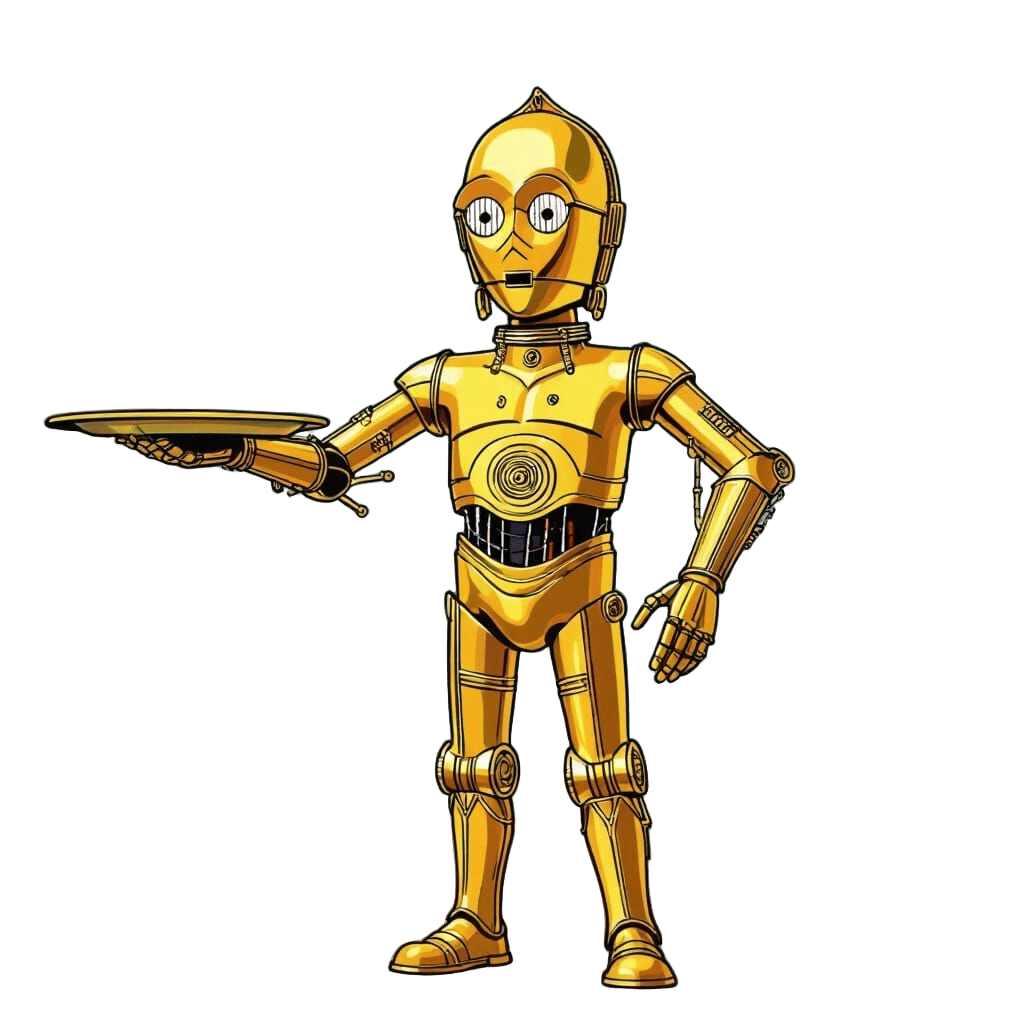 Cartoon C3PO in Disney Style Holding Empty Tray
