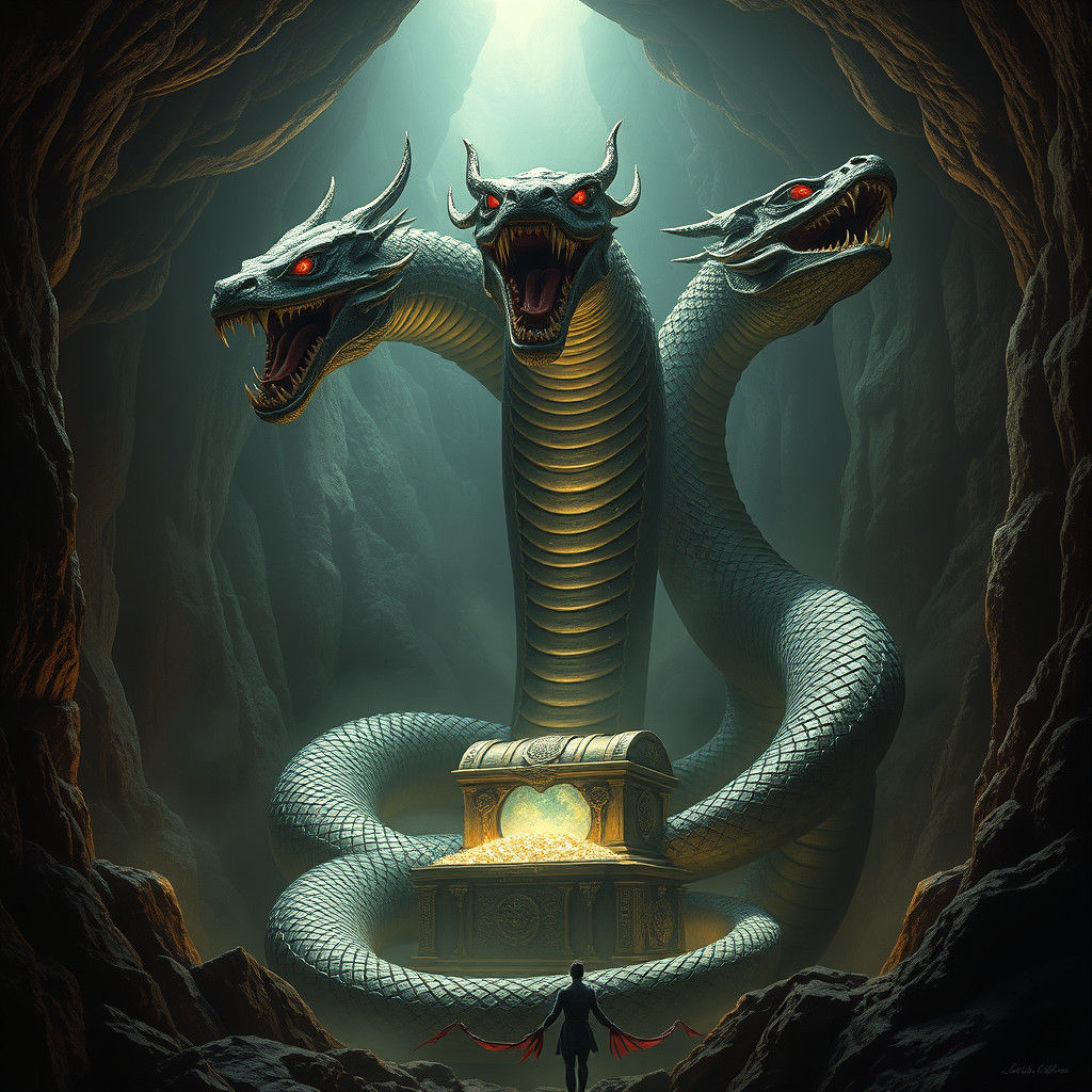 Three-Headed Serpent Guarding Treasure Trove in Cavern