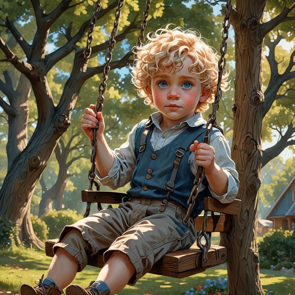 Blonde Toddler on Swing: Hyperdetailed Digital Portrait