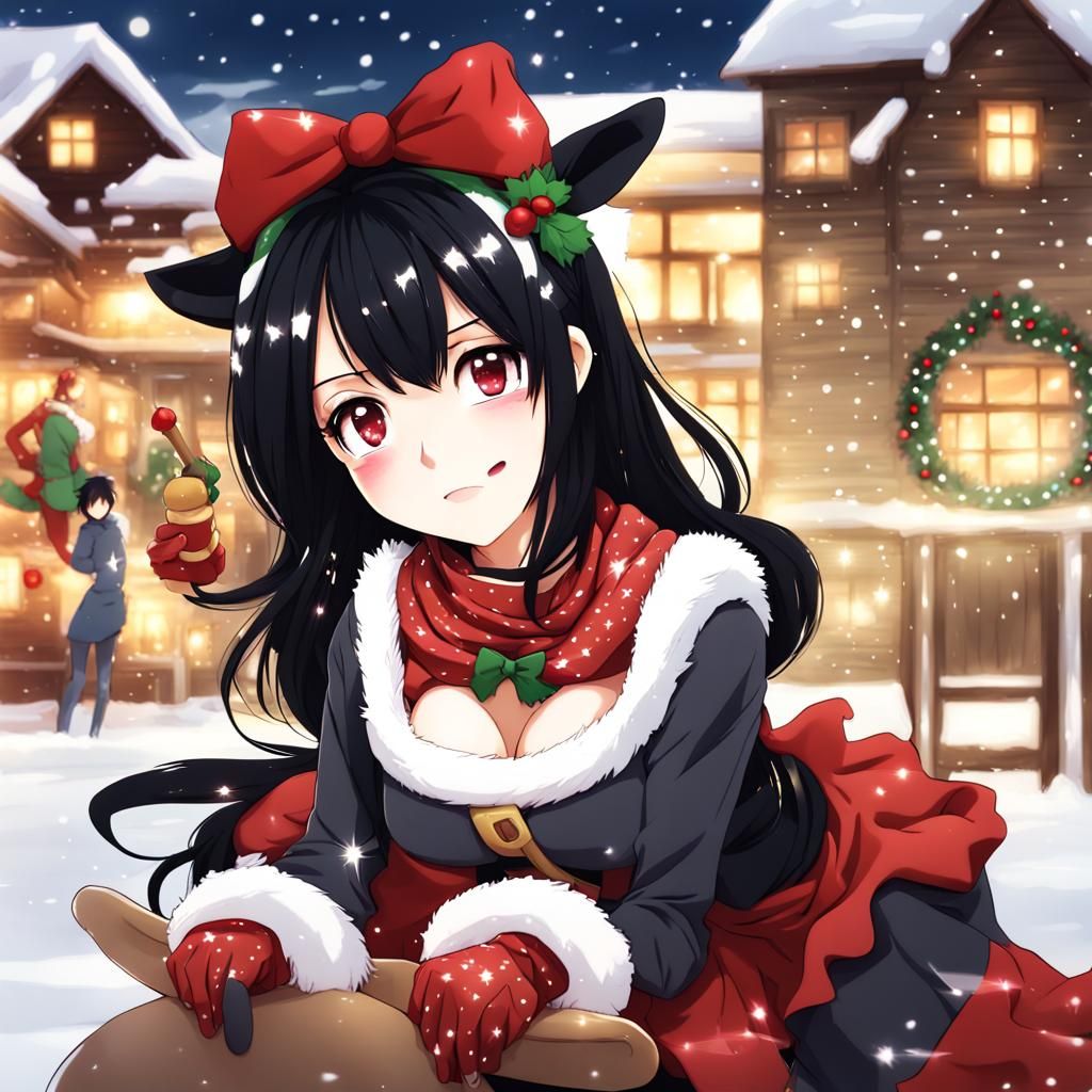 Anime Cowgirl with Black Hair in Christmas Style