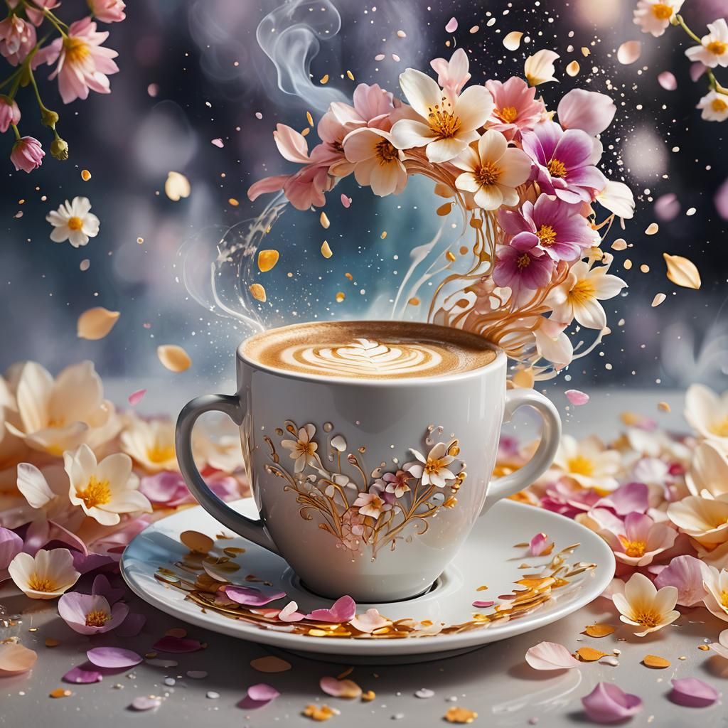 Intricate Latte Art with Flower Petal Smoke Blossoms
