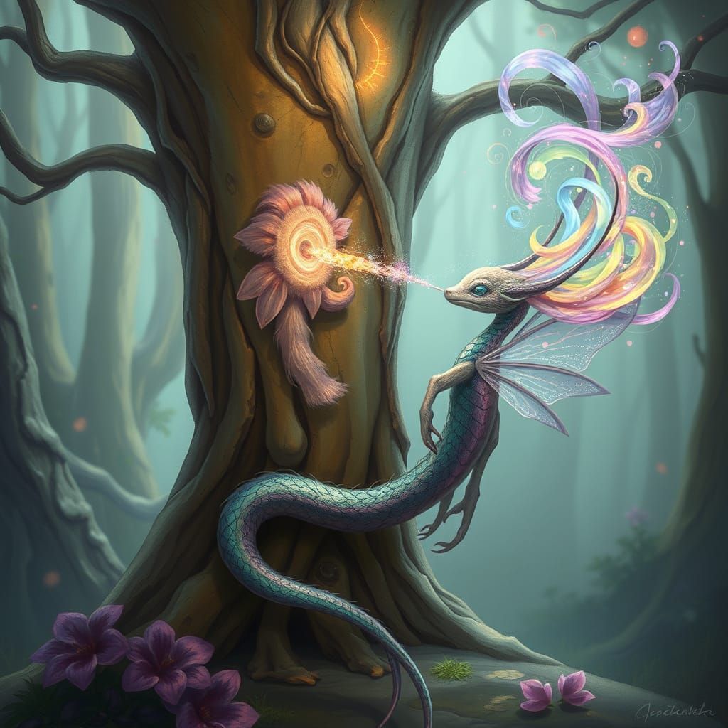 Whimsical Serpentine Pylori Spits Colors in Dreamlike Forest