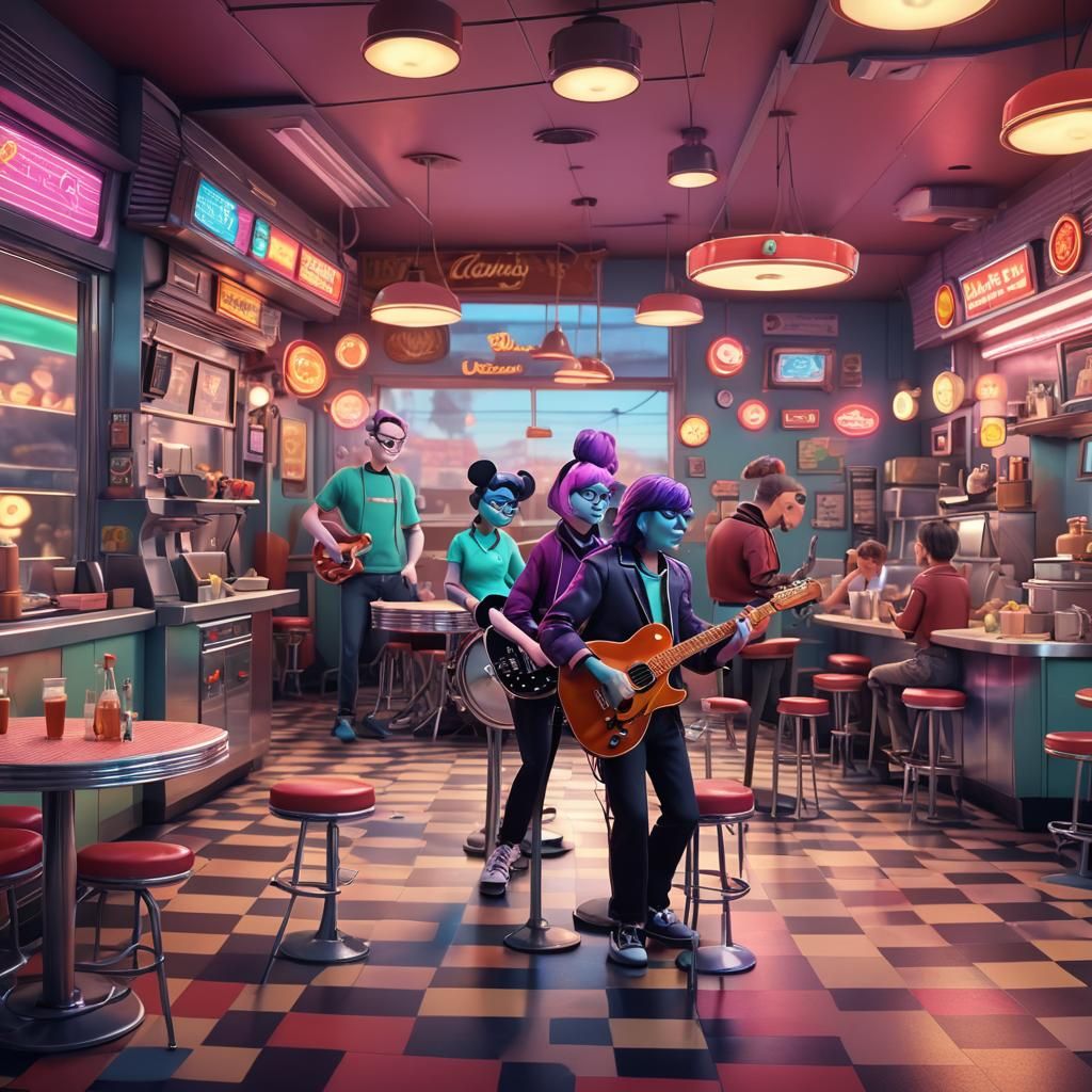 Shoegaze Band Performs in Diner: 3D Digital Art