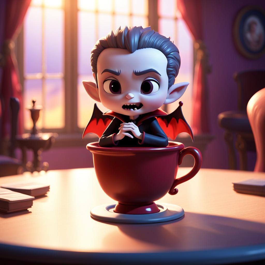 Chibi Vampire Hiding in Teacup: 3D Digital Art