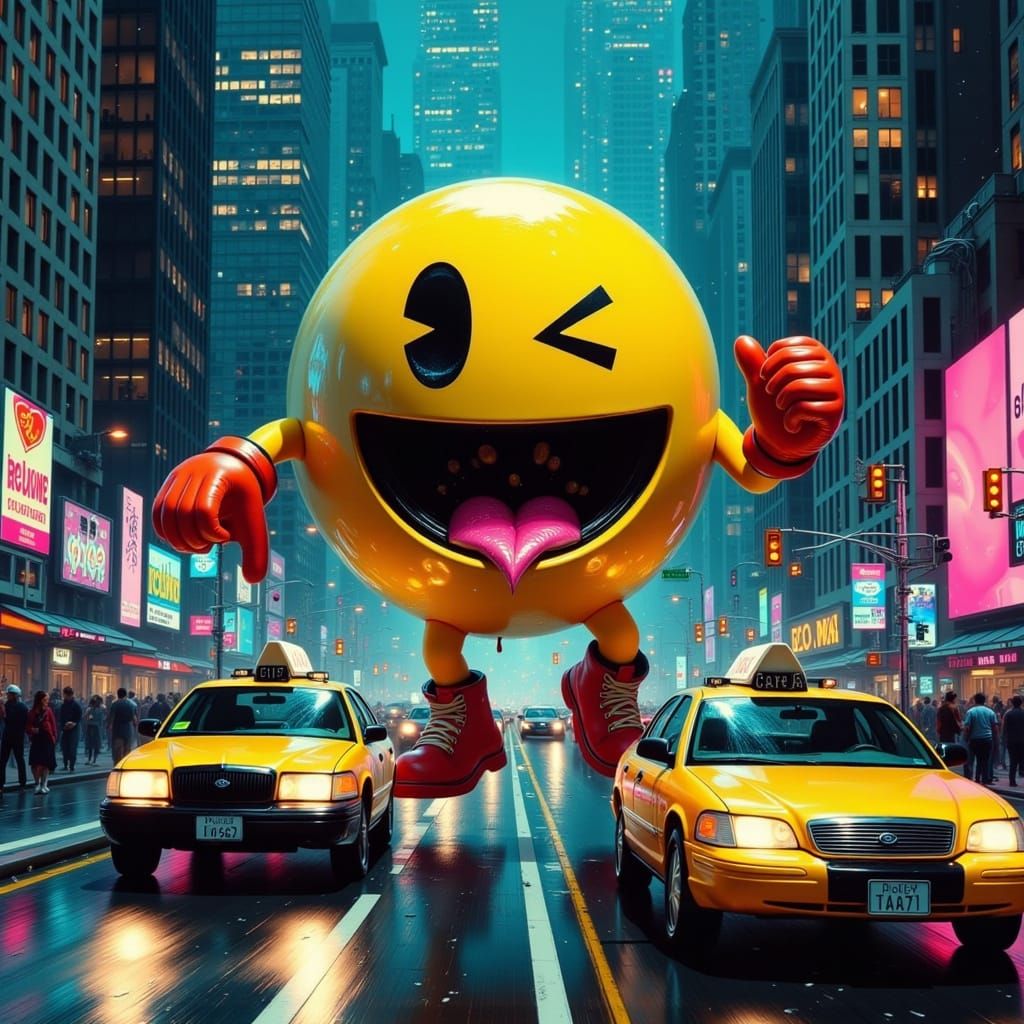 Gigantic Pac Man Devours Yellow Taxis in Neon-Lit New York C...