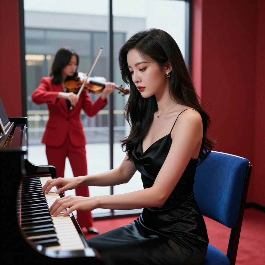 Elegant Woman in Black Dress by Piano, Dramatic Lighting