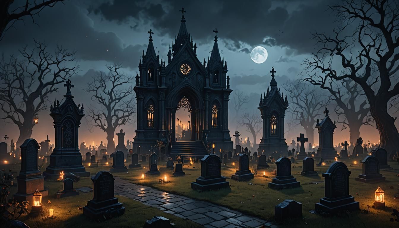 Eerie Graveyard Scene at Night in Detailed Matte Painting