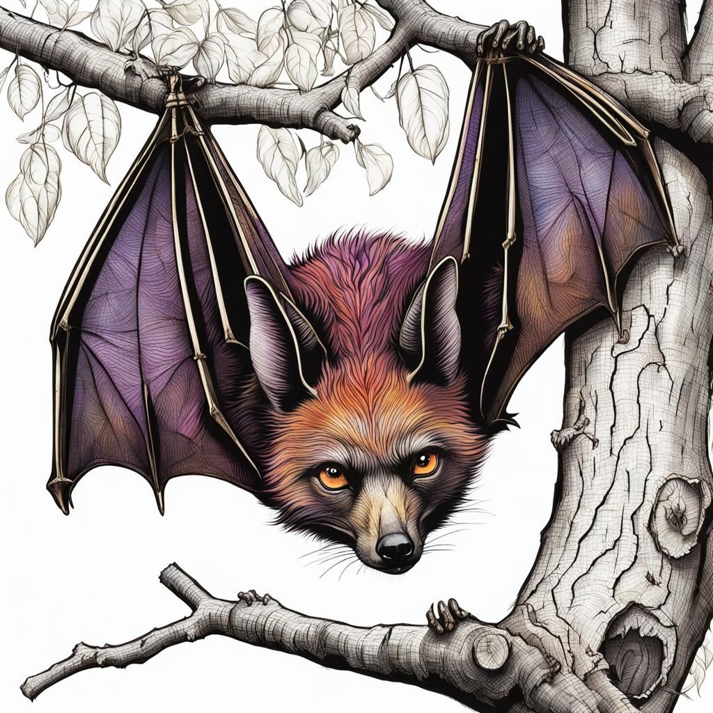 Colorful African Fox-Headed Bat Hanging in Tree