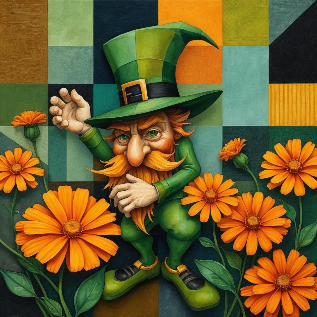 Leprechaun Hiding in Marigolds: Cubist Patchwork Illustratio...