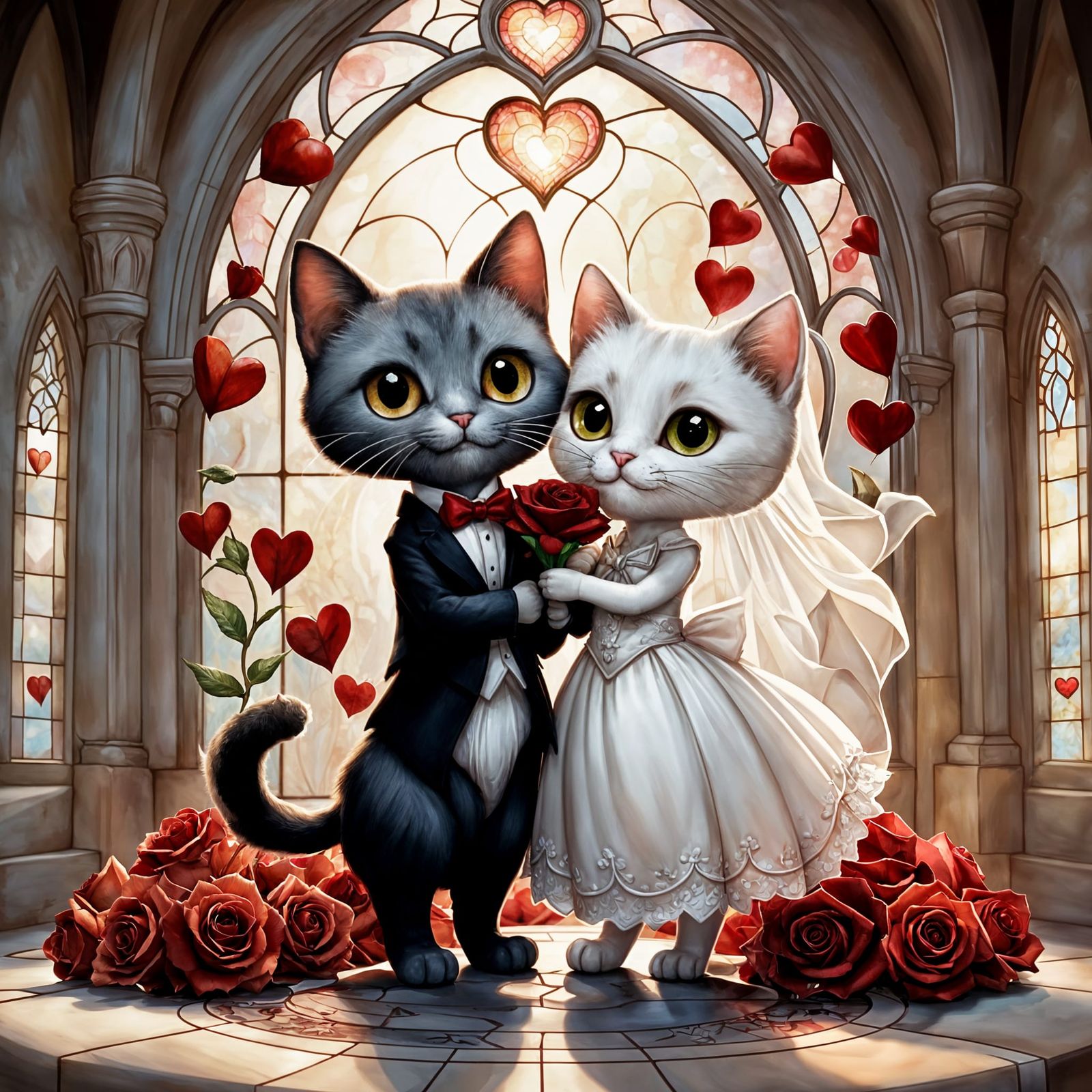 Charming Chibi Wedding Scene with Stained Glass and Sparklin...