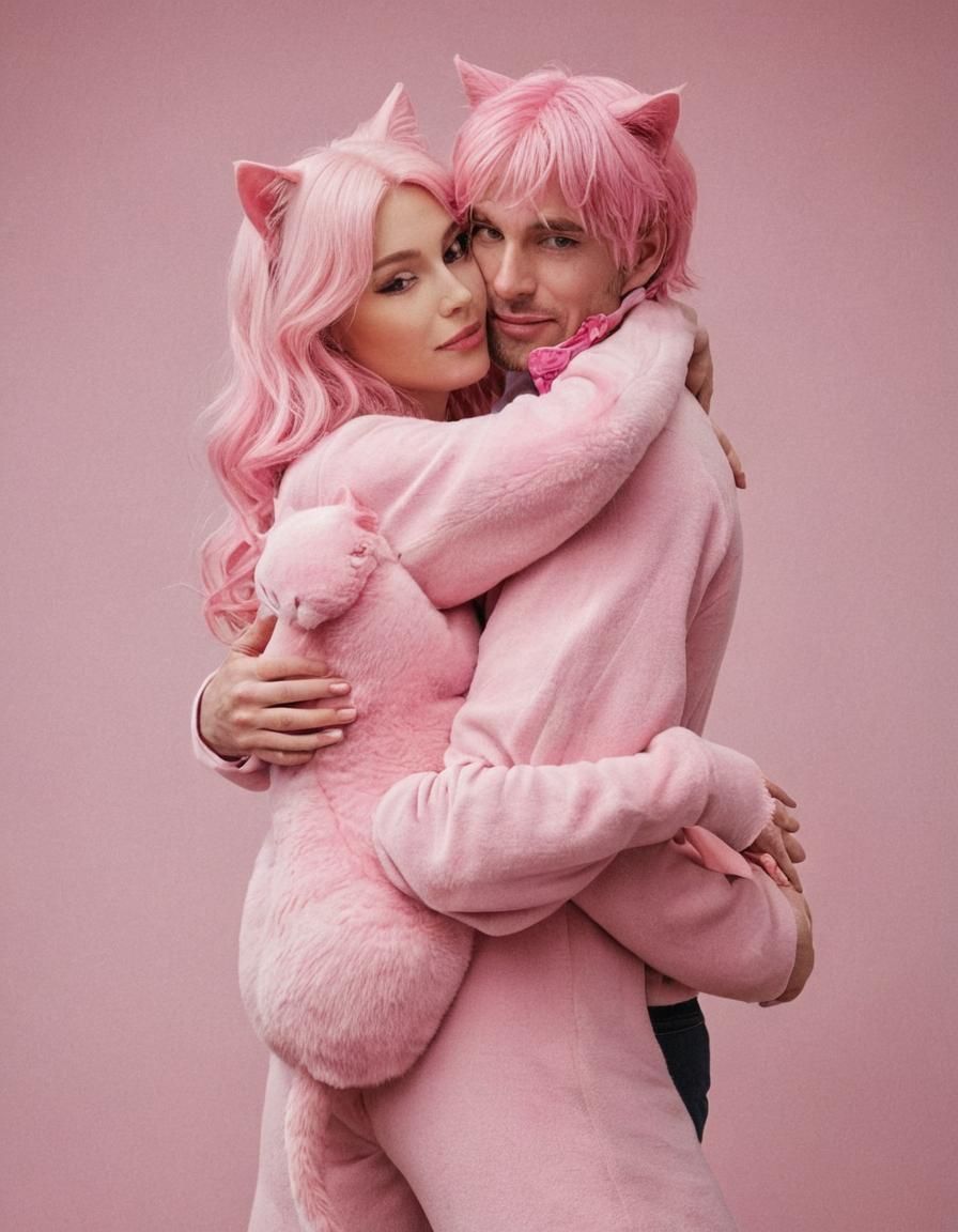 Pink Kitty Observes Lovers' Embrace