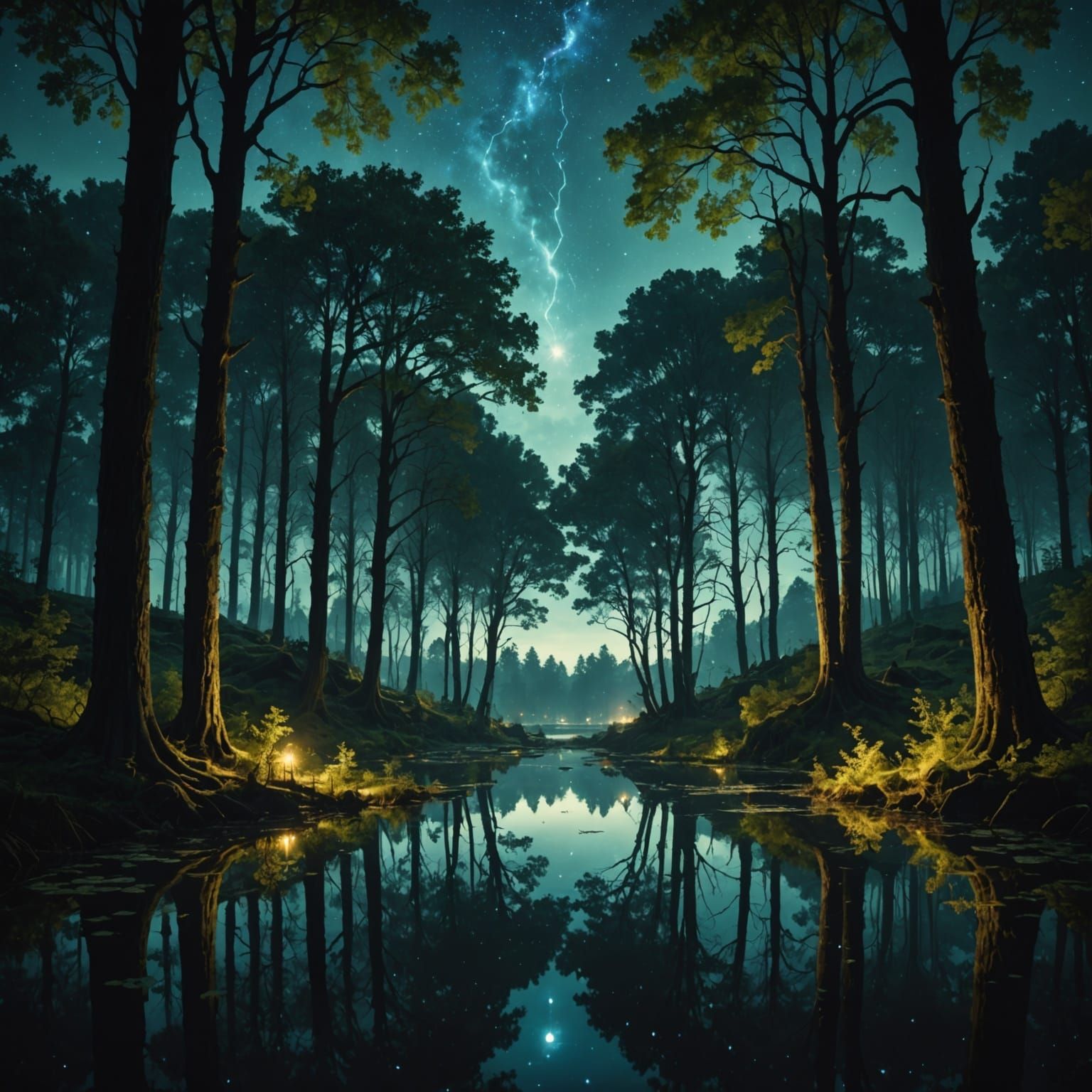 Luminous Forest Landscape at Night