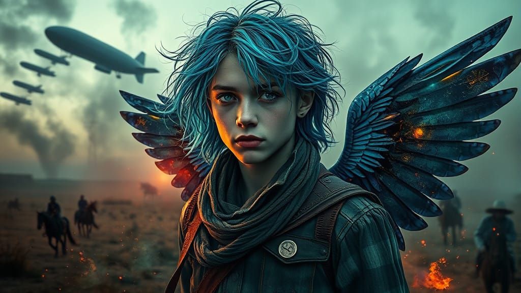 Mysterious Steampunk Cowboy with Glowing Eyes and Wings