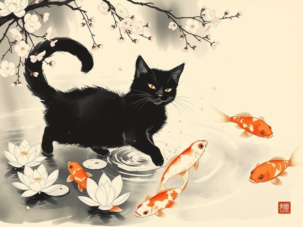 Surreal Japanese Sumi-e Ink Painting of Playful Cat with Koi...