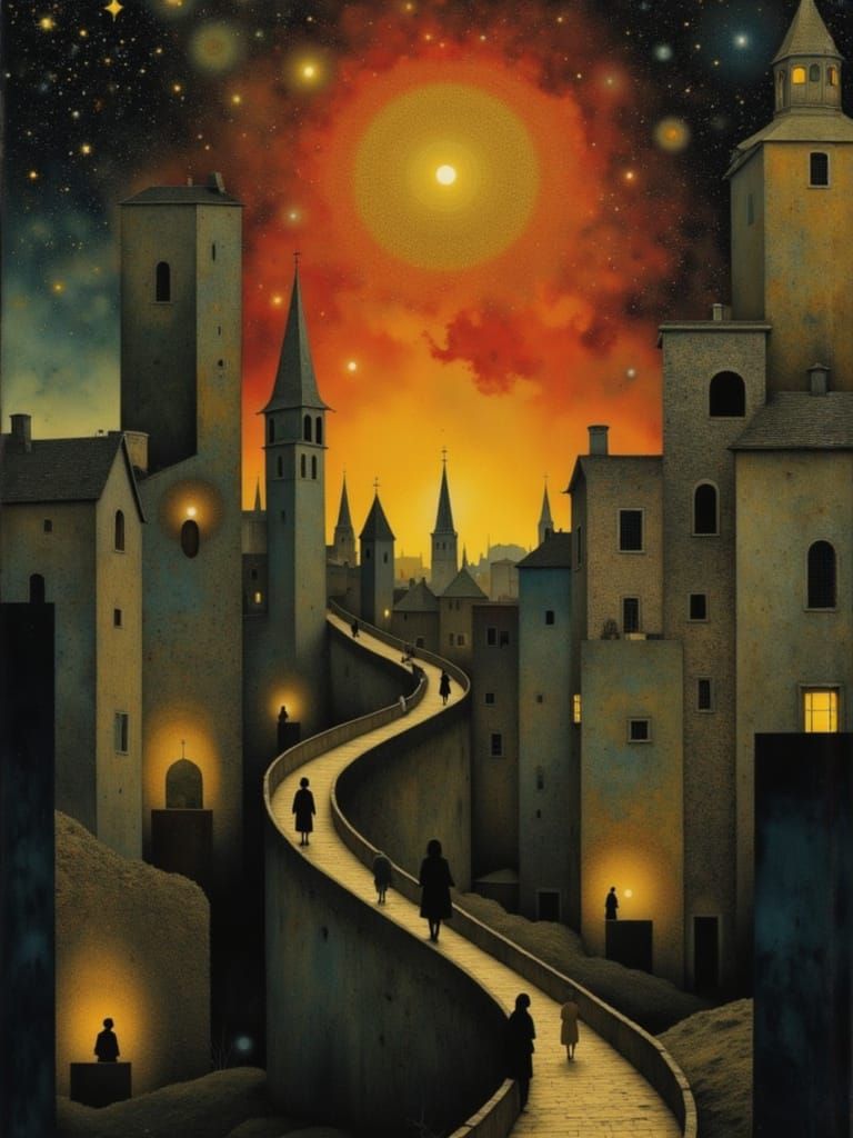 Surreal Winding Road with Gilded Sunset