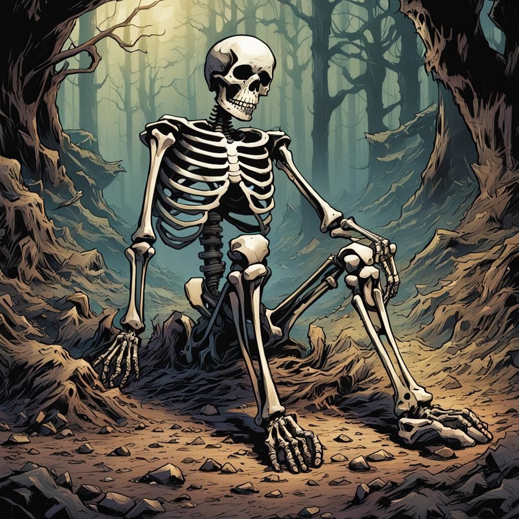 Damaged Skeleton Kneeling: Comic Book Art