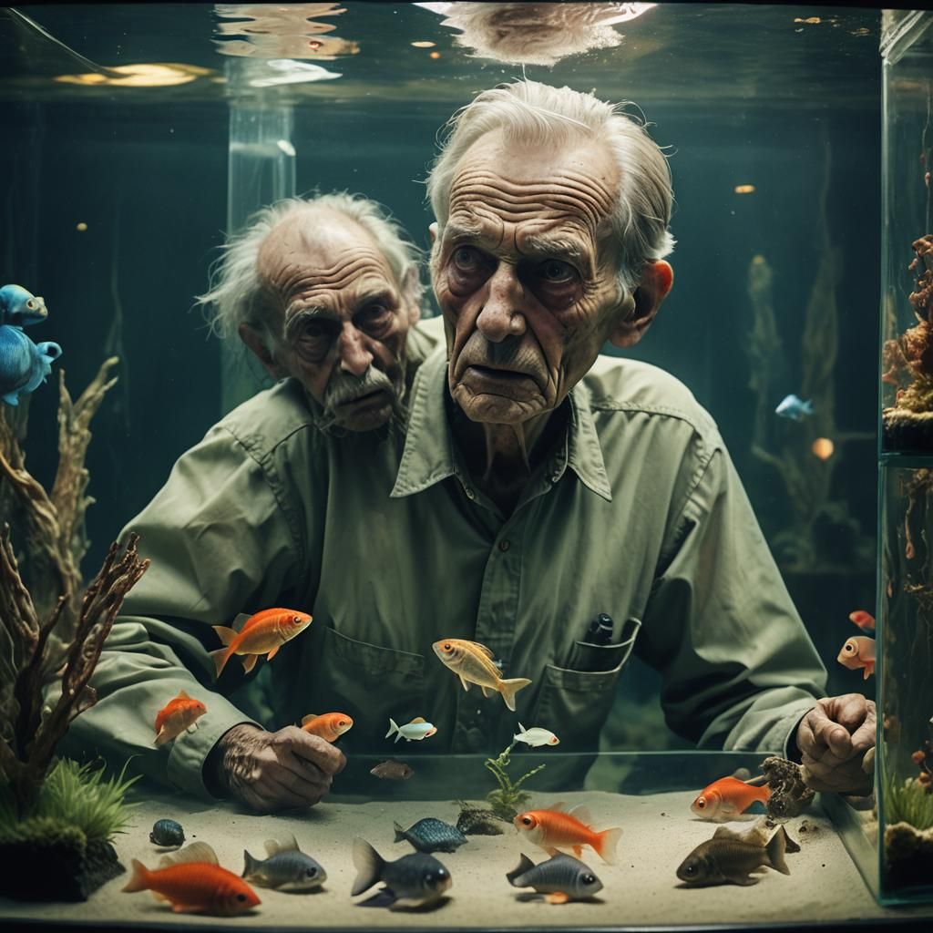 Wrinkled Man Stares at Demon in Fish Tank