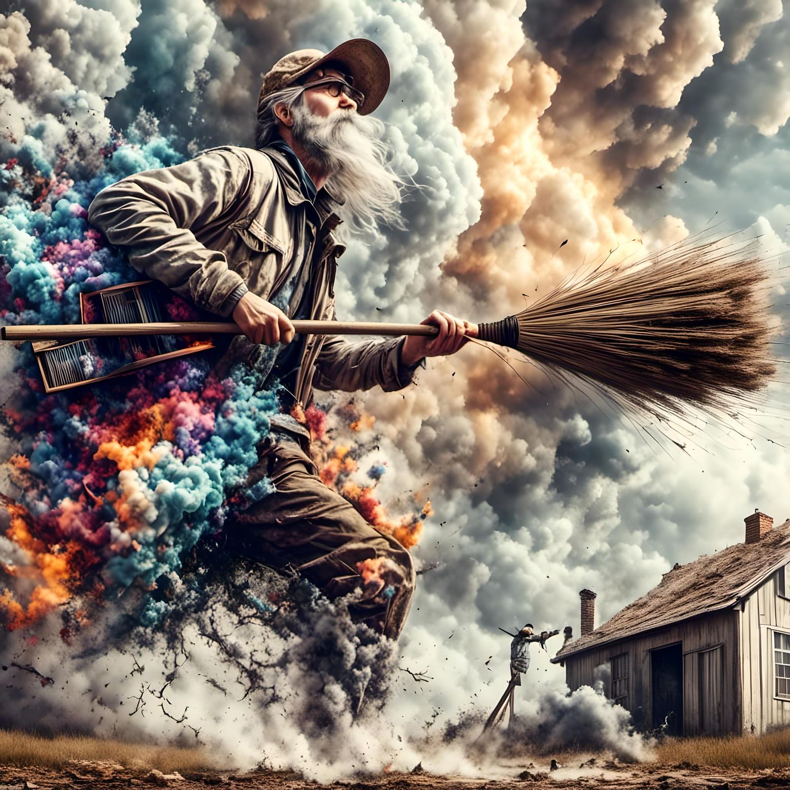 Hyperrealistic Janitor Sweeping a Hurricane, Ink Linework